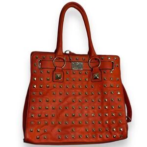Convertible Top Handle Shoulder Bag Women's Red Gold Studded Faux Leather Tote